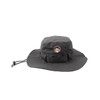 A grey outdoor brim hat featuring a logo and an adjustable strap for secure fit.