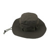 An olive green outdoor brim hat with a wide brim and an adjustable chin strap. It features a logo on the side.