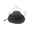 A dark green outdoor brim hat with a drawstring, featuring measurement annotations and a logo.