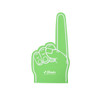 A giant foam hand in a bright green colour, shaped like a hand with a raised index finger. It features a logo.