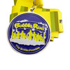 A custom medal featuring a silver finish with a vibrant purple centre and a yellow ribbon.