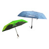 A folding ten-panel umbrella featuring a vibrant green side and a blue side with a water pattern. It has a logo.
