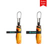 A folding ten-panel umbrella in vibrant orange, secured with a black strap, featuring a logo.