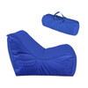 A blue outdoor chair with a curved design, accompanied by a rolled carry bag in the same colour.