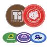 A set of custom PVC coasters in various colours, featuring logos and designs, including a brown, red, green, purple, and blue coaster.