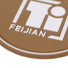 A brown custom PVC coaster featuring a white logo design with text and a circular shape.