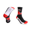 Sports socks featuring a black, red, and white design with a basketball motif and a logo.