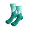 A pair of turquoise sport socks with a towel bottom, featuring white stripes and a logo.