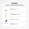 Low cut socks in various custom patterns and colours, suitable for adults sized 7-12. Regular thickness and style.