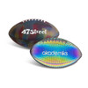 A holographic glowing American football featuring a colourful design and branding on both sides.