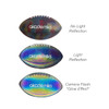 A holographic glowing American football featuring a reflective surface in multiple colours and a logo.
