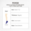 Ankle custom pattern socks in dark blue with a towel bottom, suitable for adults size 7-12. Features a logo.
