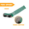 Knee high sports socks in green with a towel bottom feature for enhanced comfort, including a logo.