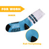 A pair of blue and white woven bamboo work socks featuring a terry lining and a logo.