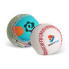 Two promotional baseballs, one with a colourful design featuring blue and orange, and another in white with red stitching and a logo.