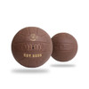 A vintage brown soccer ball featuring stitching details and a logo, set against a plain background.