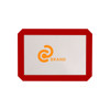 A silicone baking mat with a red border and a logo in the centre. The mat is predominantly grey.