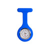 A blue silicone nurse watch with a round face featuring numbers and a logo.