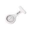 A white silicone nurse watch with a round face displaying numbers and a logo.
