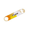 A drink bottle opener featuring a vibrant yellow and orange design with a logo. It has a sleek, flat shape.