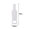 A drink bottle shaped opener in white, featuring a round hole for easy attachment and a logo. Measures 14cm by 3.9cm.