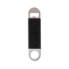 A drink bottle opener featuring a stainless steel head and a black PU handle. The product has a logo.