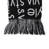 Acrylic fibres scarf in black and white with a fringed edge and a logo design.