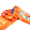 A folded orange Elastic Spandex Scarf featuring a logo and vibrant graphics.