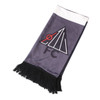 A velvet scarf in shades of grey and white, featuring a logo and black fringes at the ends.