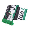 A polyester scarf featuring green, black, and white colours, with a logo and a character design.