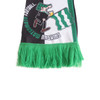 A polyester scarf featuring green fringes, with a playful illustration and a logo.