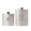 A stainless steel hip flask set in silver, featuring two sizes and distinct branding on each flask.