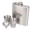 A stainless steel hip flask set featuring a flask, two shot cups, and a funnel, all in a polished finish.