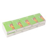 A stack of rectangular pocket tissues in green packaging featuring a cartoon character. Each box is visible.