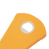 A drink bottle opener in bright yellow with a textured grip and a circular metal opening. It features a logo.