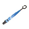 A blue reversible folding umbrella with a curved black handle and a logo.