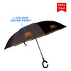 A black reversible folding umbrella with a hook handle and a single colour outer print.