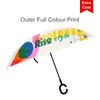 A reversible folding umbrella featuring a white canopy with colourful designs and a curved black handle.