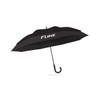A black expandable golf umbrella with a curved handle and a logo on the canopy.