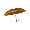 An expandable golf umbrella in a rich brown colour featuring a hook handle and a logo.
