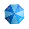 A blue umbrella featuring a fan, with a logo on its surface. The design includes light blue sections.