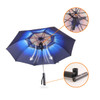 A blue sport umbrella featuring a built-in fan and showcasing a unique design with a visible frame and handle.