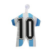 A hanging mini jersey in blue and white stripes with a black number 10. It has a suction cup for display.