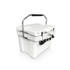 A white 15L cooler box features a sturdy handle, clips, and a logo on the side.