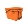 An orange 25L cooler box with a handle and latches, featuring a logo on the side.
