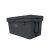 A grey 85L cooler box featuring a robust design, with a logo on the side and secure latches.