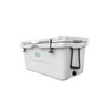 A white 85L cooler box featuring a logo, with sturdy handles and a drain plug.