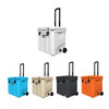 A 31L cooler box with wheels available in blue, cream, grey, and orange. Features a pull handle and a logo.