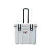 A white cooler box with wheels and a retractable handle, featuring a logo on the front.