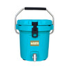 A turquoise ice bucket with a silver faucet and black handle, featuring a logo on the front.